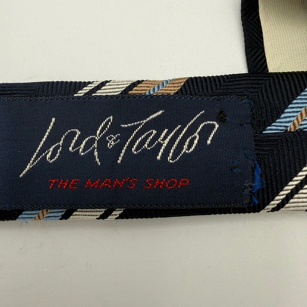 Christian Dior Cravates Mens Silk Tie Navy Blue Gold Striped Herringbone Vintage